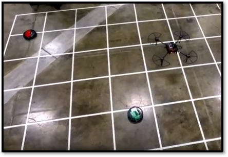 IARC Mission 7 playfield with autonomous quadcopter and modified Roombas